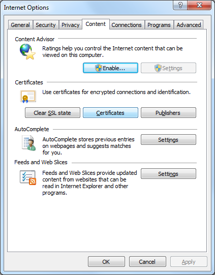 IE Internet options - Content